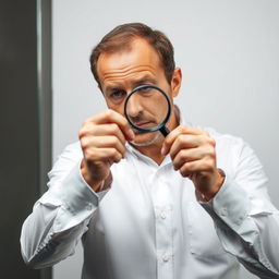 A man standing and wearing a crisp, white shirt, holding a magnifying glass up close to his face