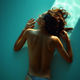 A full view of a young woman lying on her back in a bikini, captured in backlighting