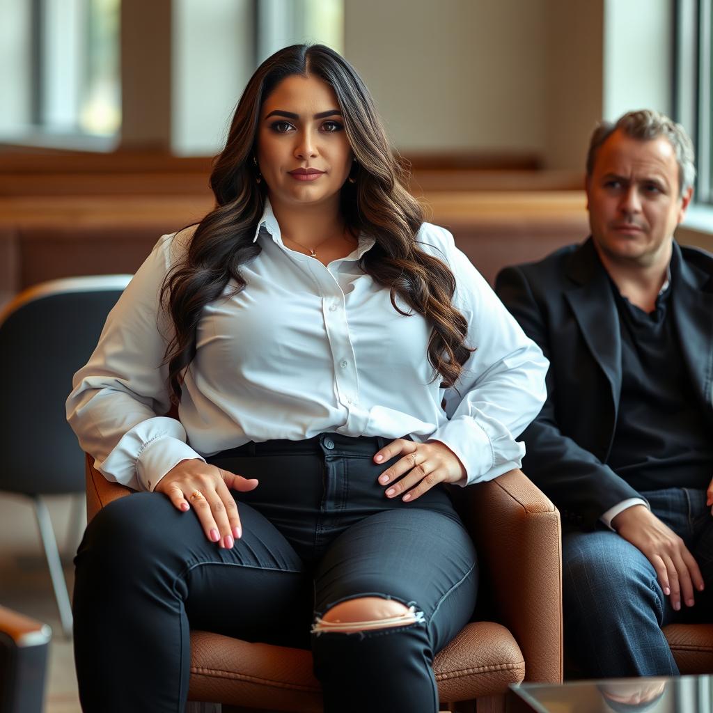 A woman sits confidently on a chair, wearing a white shirt that accentuates her ample curves, paired with black jeans that highlight her silhouette