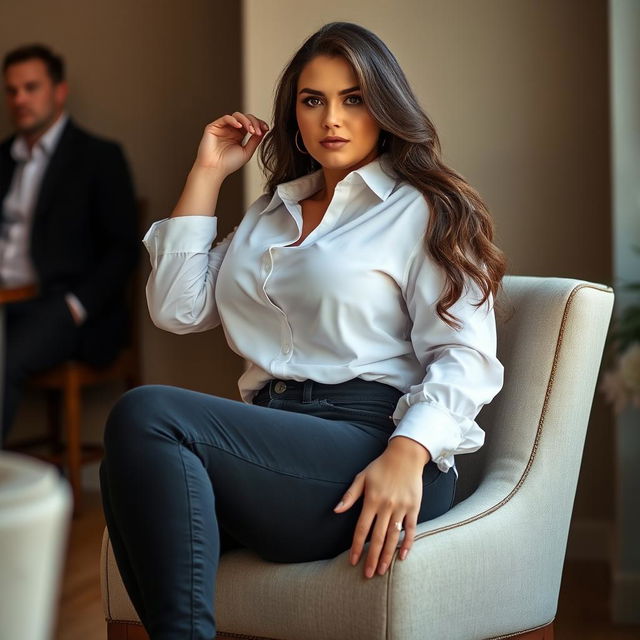 A woman sits confidently on a chair, wearing a white shirt that accentuates her ample curves, paired with black jeans that highlight her silhouette