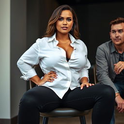 A woman sits confidently on a chair, wearing a white shirt that accentuates her ample curves, paired with black jeans that highlight her silhouette