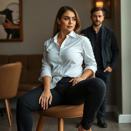 A woman sits confidently on a chair, wearing a white shirt that accentuates her ample curves, paired with black jeans that highlight her silhouette