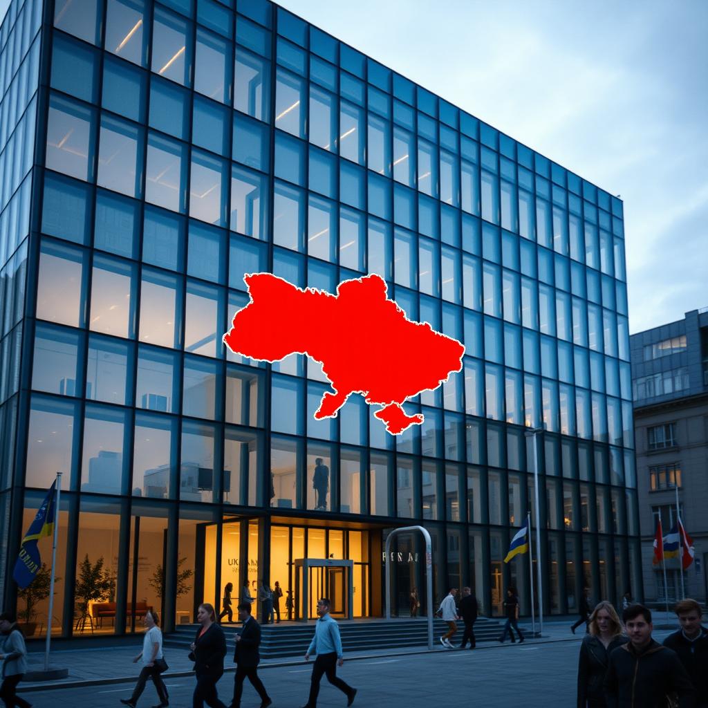 A modern office building featuring a striking glass facade with an indented opening that outlines the map of Ukraine, highlighted in vibrant red