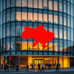 A modern office building featuring a striking glass facade with an indented opening that outlines the map of Ukraine, highlighted in vibrant red