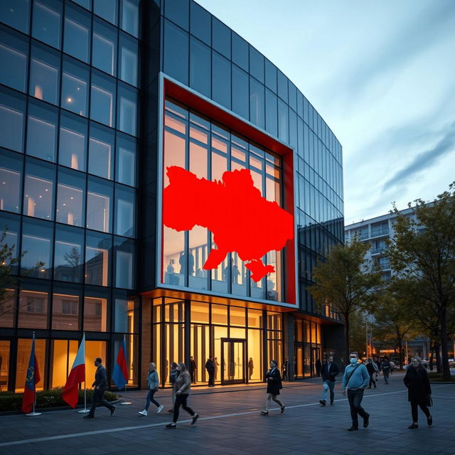 A modern office building featuring a striking glass facade with an indented opening that outlines the map of Ukraine, highlighted in vibrant red