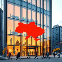 A modern office building featuring a striking glass facade with an indented opening that outlines the map of Ukraine, highlighted in vibrant red