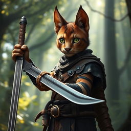 A young brown Tabaxi warrior with striking green eyes, wearing elaborately detailed leather armor