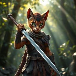 A young brown Tabaxi warrior with striking green eyes, wearing elaborately detailed leather armor