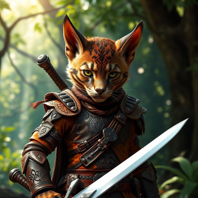 A young brown Tabaxi warrior with striking green eyes, wearing elaborately detailed leather armor