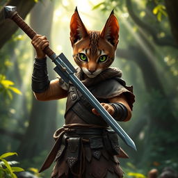 A young brown Tabaxi warrior with striking green eyes, wearing elaborately detailed leather armor