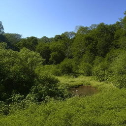 A breathtaking landscape brimming with lush green vegetation, a clear blue sky, babbling brook and a variety of vibrant wildlife interacting within their natural habitat.