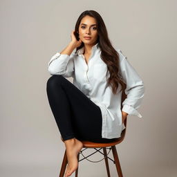 A young woman sits on a chair, wearing a white shirt paired with black jeans that emphasize her curvy figure