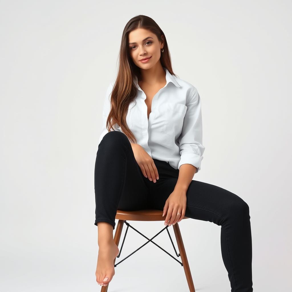 A young woman sits on a chair, wearing a white shirt paired with black jeans that emphasize her curvy figure