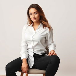 A young woman sits on a chair, wearing a white shirt paired with black jeans that emphasize her curvy figure