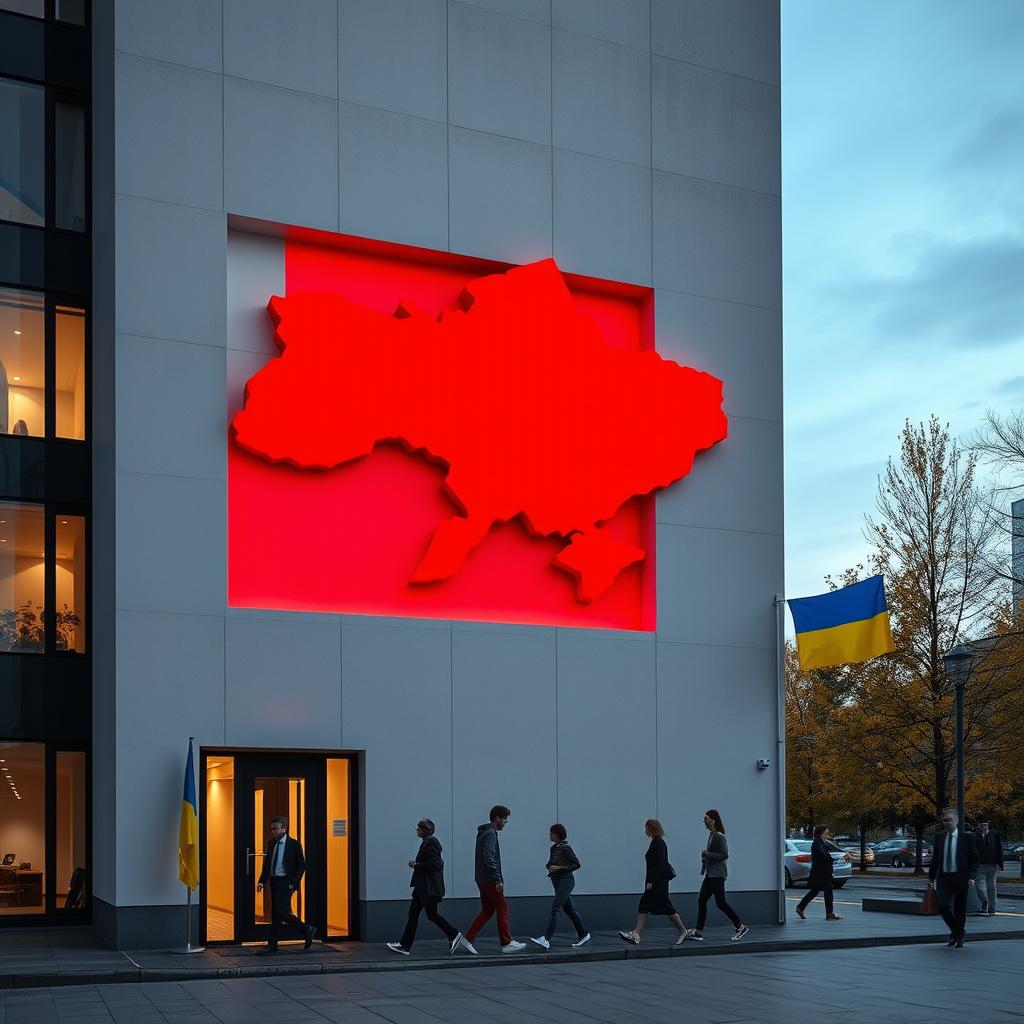 A modern office building with a wall featuring an indentation shaped like the map of Ukraine, prominently highlighted in vivid red