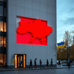 A modern office building with a wall featuring an indentation shaped like the map of Ukraine, prominently highlighted in vivid red