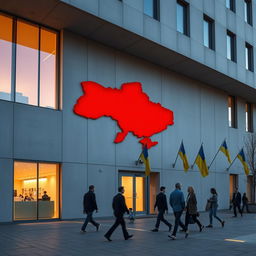 A modern office building with a wall featuring an indentation shaped like the map of Ukraine, prominently highlighted in vivid red