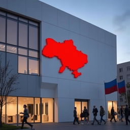 A modern office building with a wall featuring an indentation shaped like the map of Ukraine, prominently highlighted in vivid red