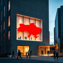 A modern office building with a wall featuring an indentation shaped like the map of Ukraine, prominently highlighted in vivid red