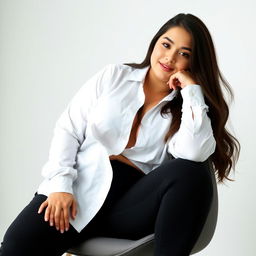 A young woman sits on a chair, her white shirt stylishly unbuttoned halfway, revealing a hint of her ample figure beneath