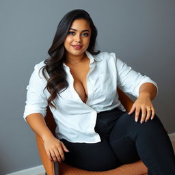 A young woman sits on a chair, her white shirt stylishly unbuttoned halfway, revealing a hint of her ample figure beneath