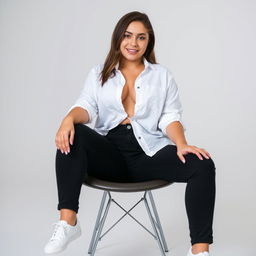 A young woman sits on a chair, her white shirt stylishly unbuttoned halfway, revealing a hint of her ample figure beneath