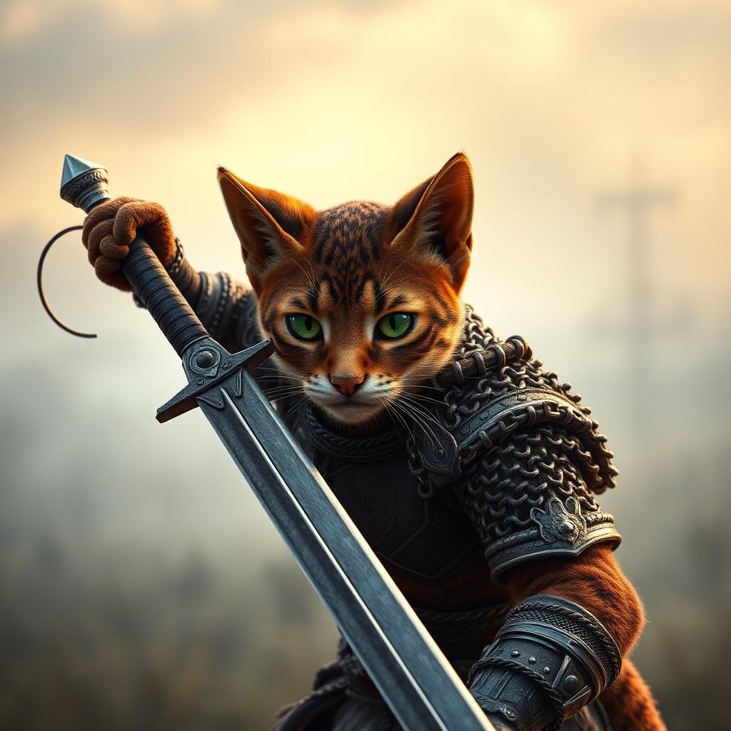 A young brown Tabaxi warrior with striking green eyes, wearing intricately crafted chainmail armor