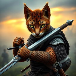 A young brown Tabaxi warrior with striking green eyes, wearing intricately crafted chainmail armor