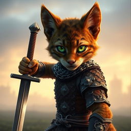 A young brown Tabaxi warrior with striking green eyes, wearing intricately crafted chainmail armor