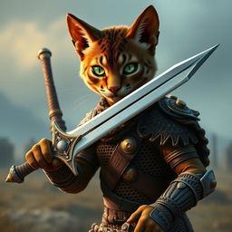 A young brown Tabaxi warrior with striking green eyes, wearing intricately crafted chainmail armor