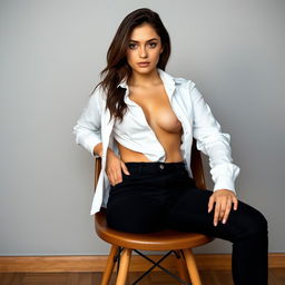 A young woman sits on a chair, her fully unbuttoned white shirt reveals her breath-taking silhouette, exuding a sense of bold confidence and youthful grace