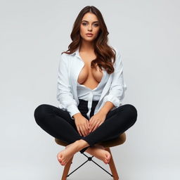 A young woman sits on a chair, her legs elegantly crossed, as her fully unbuttoned white shirt reveals her confident sense of style