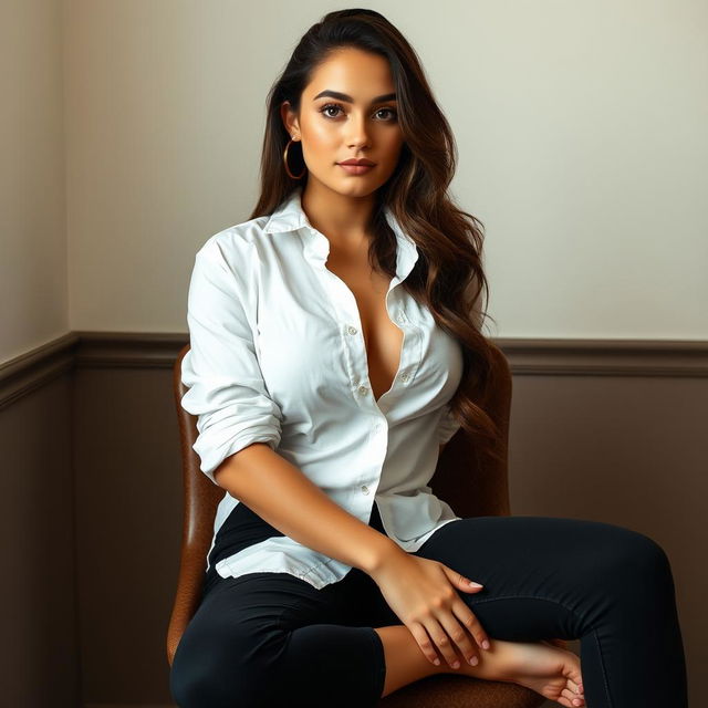 A young woman sits on a chair, her legs elegantly crossed, as her fully unbuttoned white shirt reveals her confident sense of style