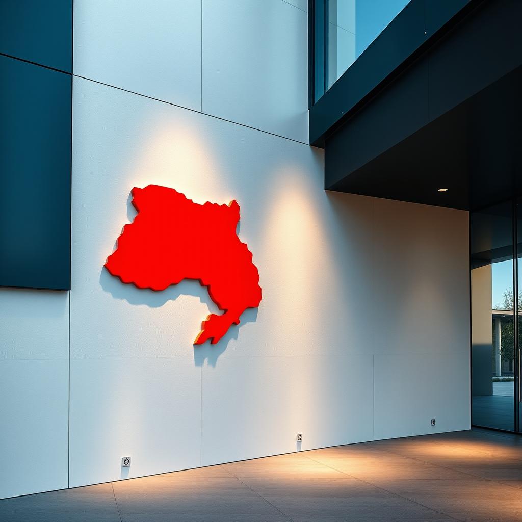 A modern wall design featuring a painted map of Ukraine in vibrant red