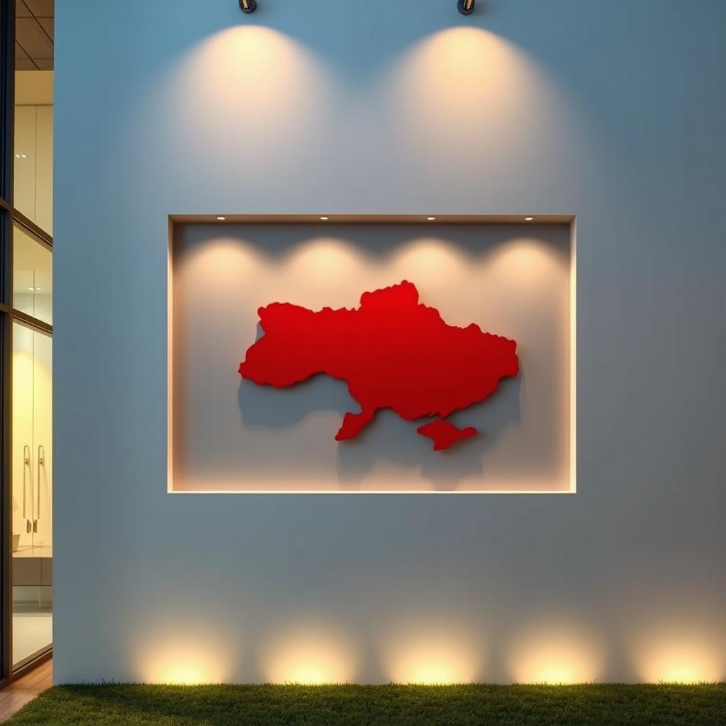 A modern wall design featuring a painted map of Ukraine in vibrant red