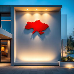 A modern wall design featuring a painted map of Ukraine in vibrant red