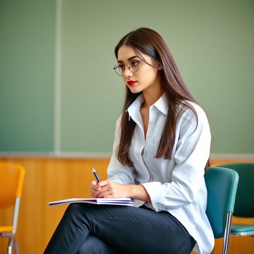 A young woman sits on a chair in a classroom setting, her white shirt stylishly unbuttoned paired with black jeans