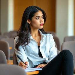 A young woman sits on a chair in a classroom setting, her white shirt stylishly unbuttoned paired with black jeans