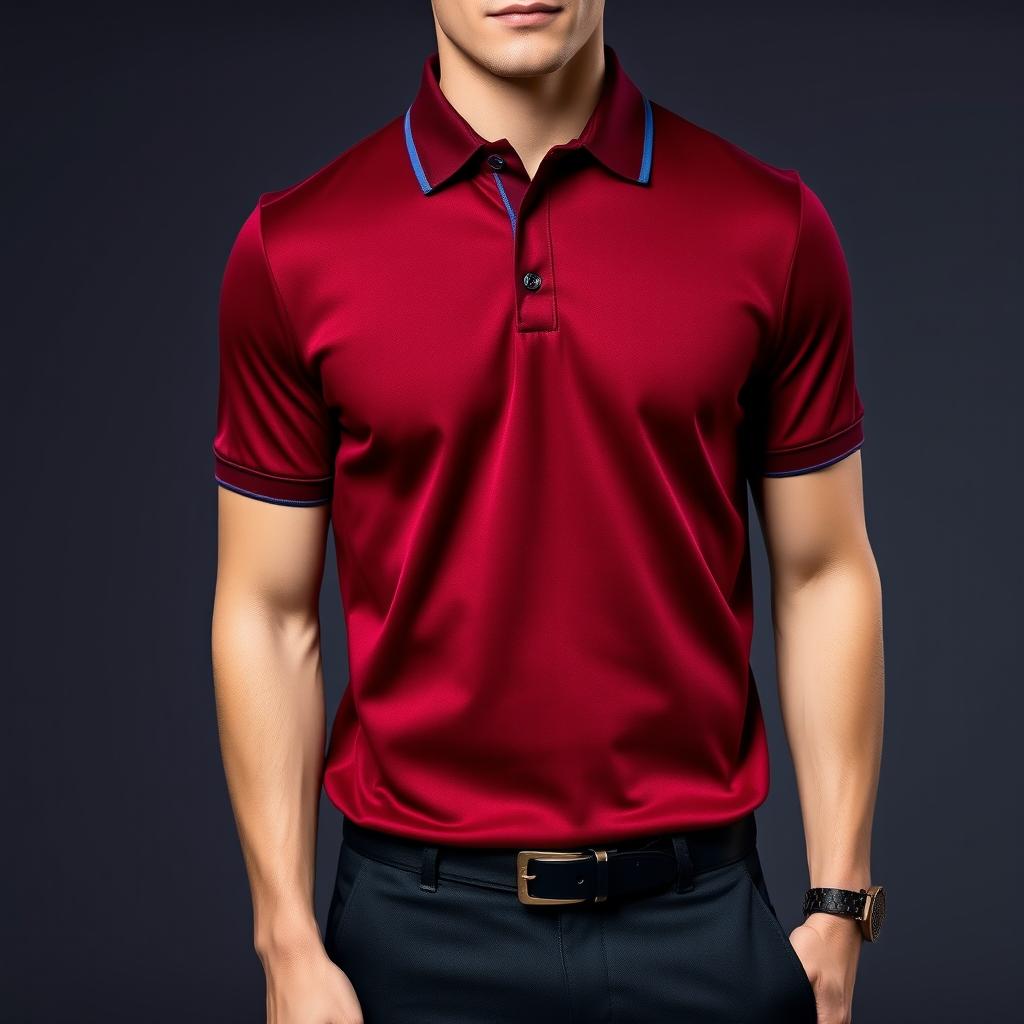 A stylish and glamorous polo t-shirt in a rich maroon color, elegantly accented with a chic navy blue line