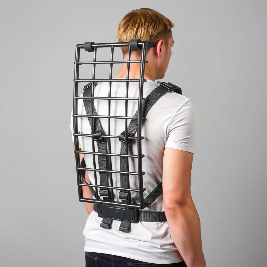 A cage equipped with straps designed to be worn on the back, showcased prominently against a simple background