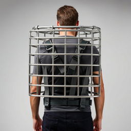 A cage equipped with straps designed to be worn on the back, showcased prominently against a simple background