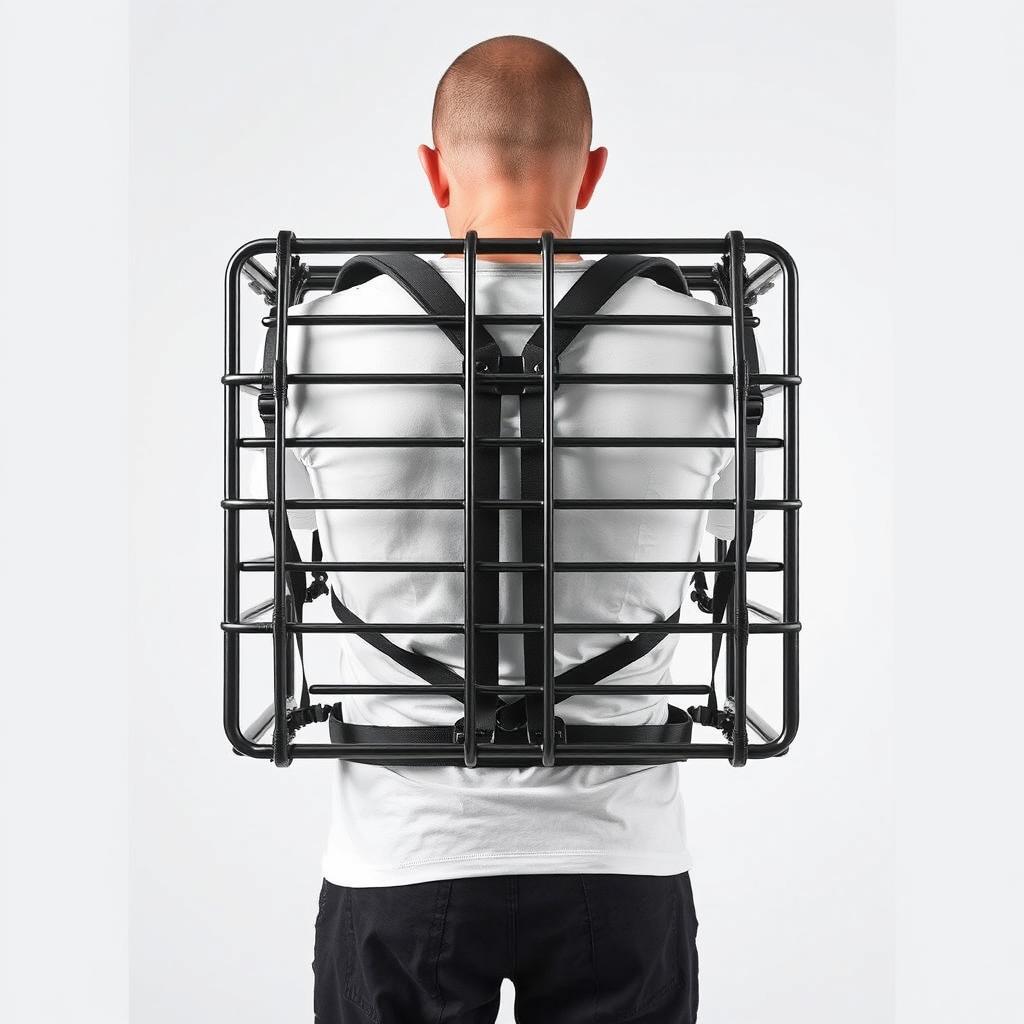 A cage equipped with straps designed to be worn on the back, showcased prominently against a simple background