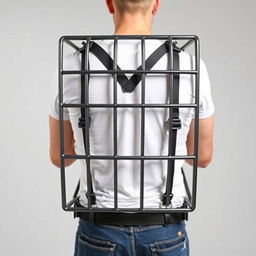 A cage equipped with straps designed to be worn on the back, showcased prominently against a simple background