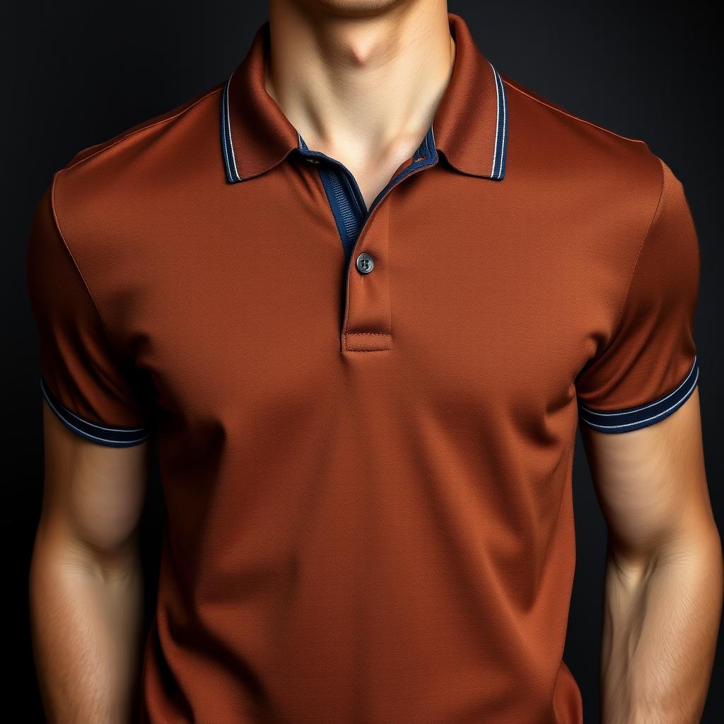 A stylish and glamorous polo t-shirt in a rich brown color, enhanced with an elegant navy blue line