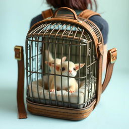 A cage designed to contain small creatures, equipped with straps for wearing on the back