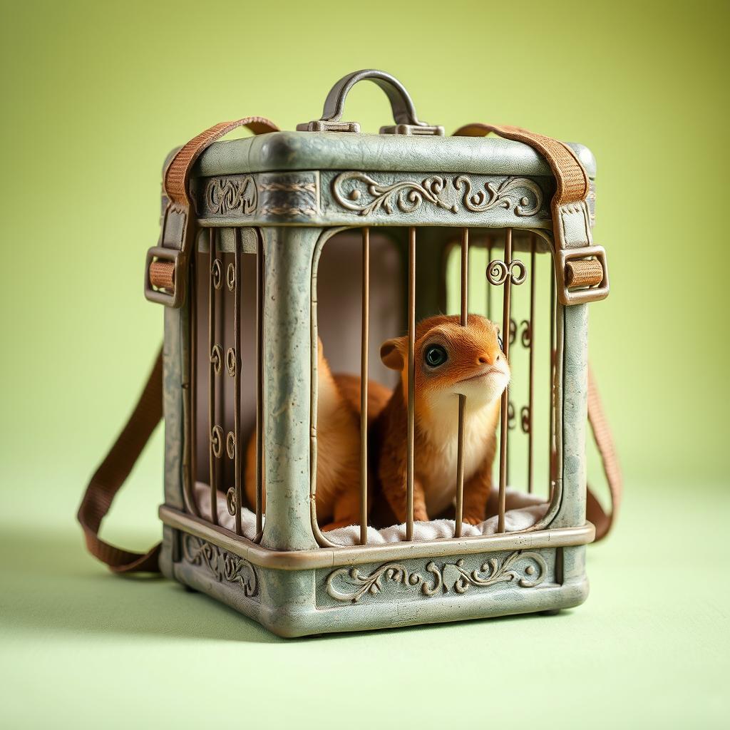 A cage designed to contain small creatures, equipped with straps for wearing on the back