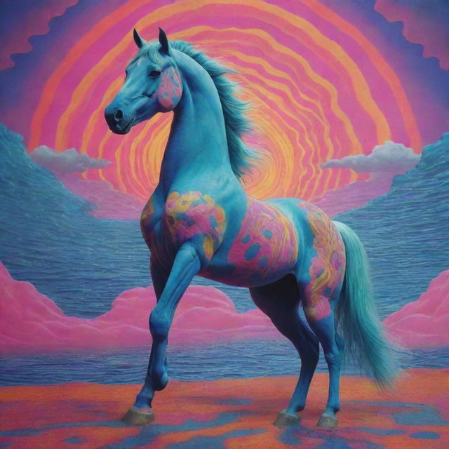 Surrealist psychedelic oceanic scene featuring an animated, neon-colored horse with tripophobic skin, set in a kaleidoscopic LSD color-infused environment