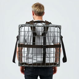 A human-sized cage with straps designed for wearing on the back, explicitly crafted to carry creatures