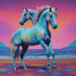 Surrealist psychedelic oceanic scene featuring an animated, neon-colored horse with tripophobic skin, set in a kaleidoscopic LSD color-infused environment