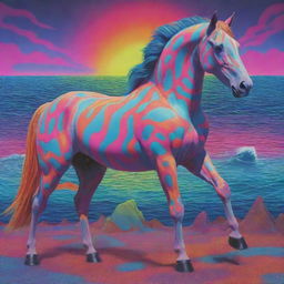 Surrealist psychedelic oceanic scene featuring an animated, neon-colored horse with tripophobic skin, set in a kaleidoscopic LSD color-infused environment